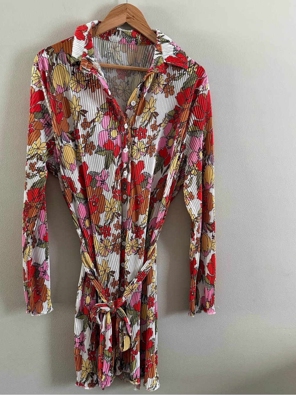 Floral Tie-Waist Long Sleeve Dress - Red Multi - Picture 2 of 9